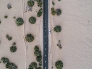 aerial view of car parked beside road in the desert